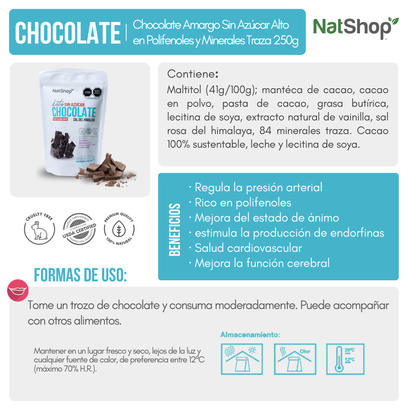 Chocolate Amargo Sin Azúcar Alto en Polifenoles y Minerales Traza 250g