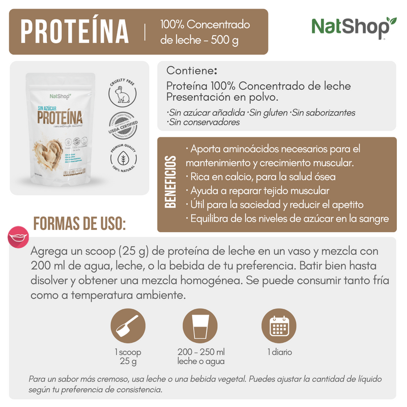 Proteína Natural 100% Concentrado de Leche 500g